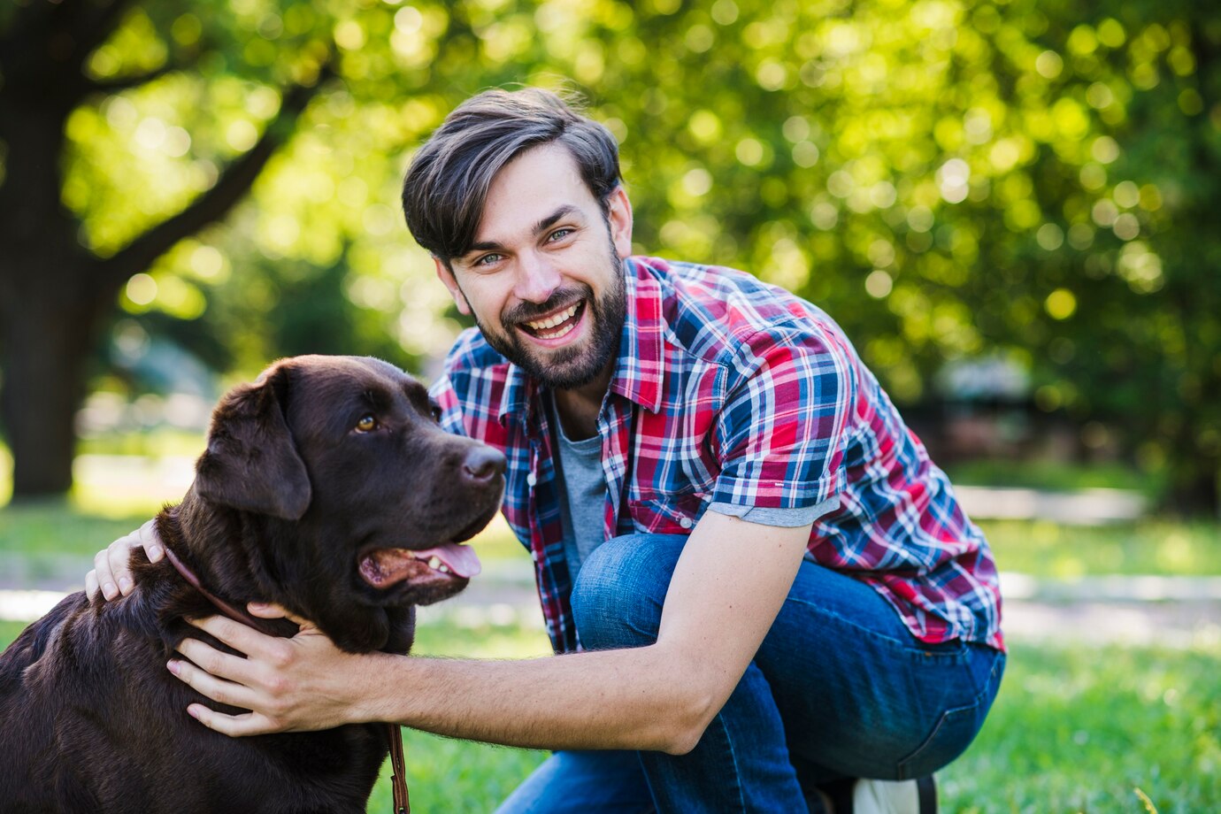 portrait of happy men while train his dogs