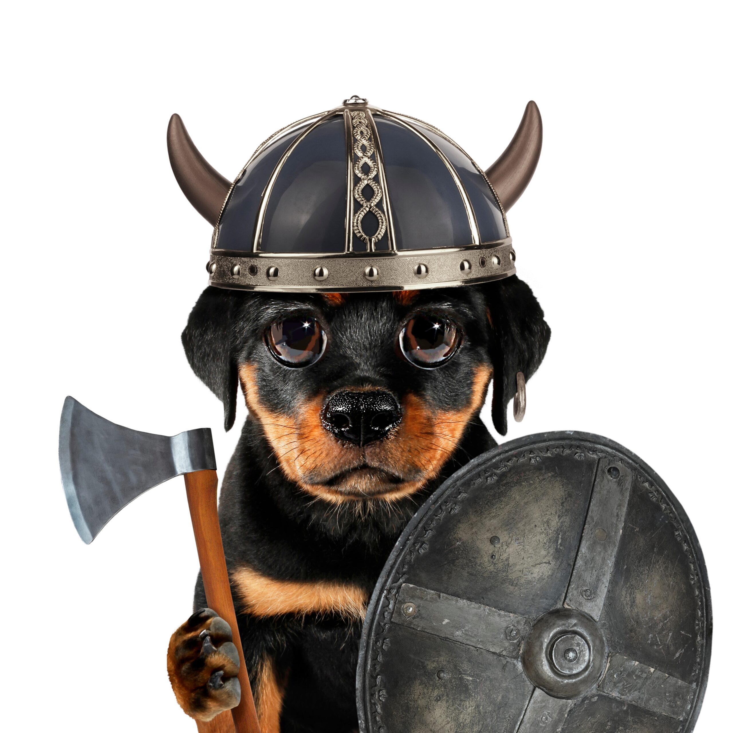 A small dog dressed as a Viking warrior