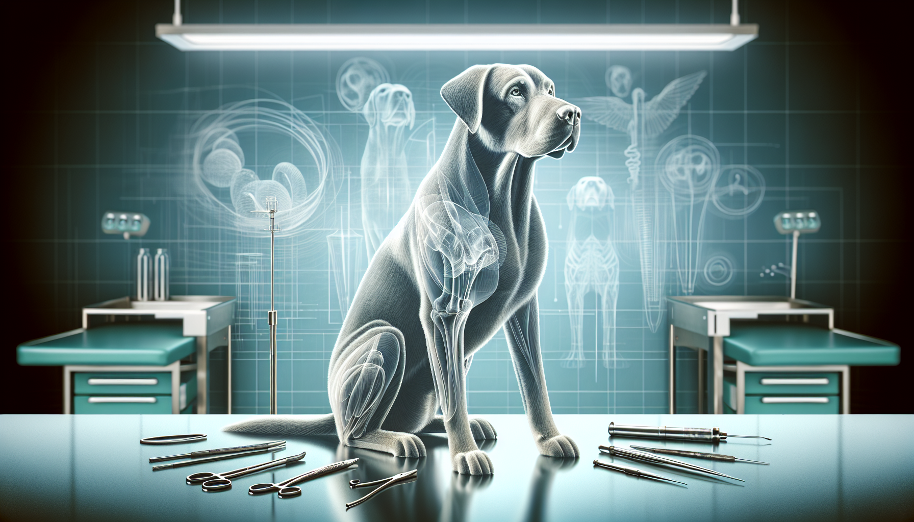 Artistic rendering of a male dog in a veterinary setting