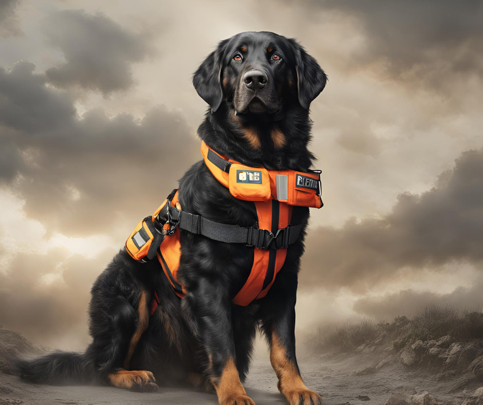 An Adult Labernese wearing gear for Search and Rescue