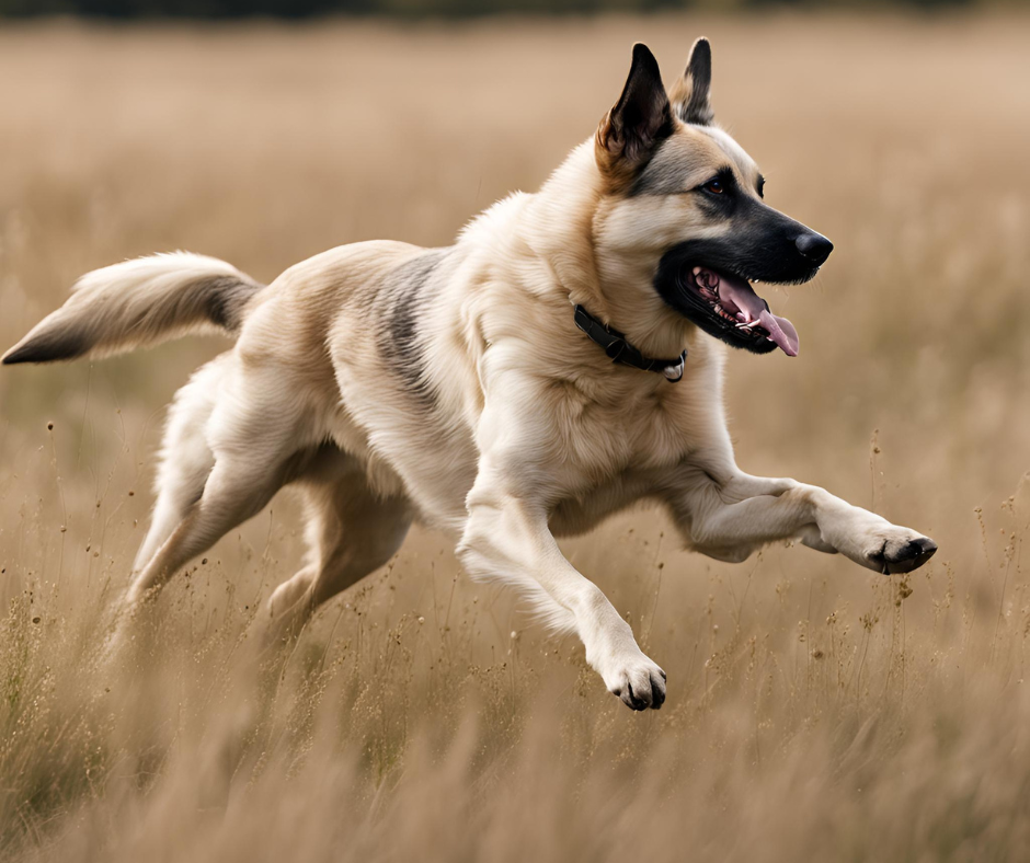 A German Sheprador with a fawn coat running in a grassy field