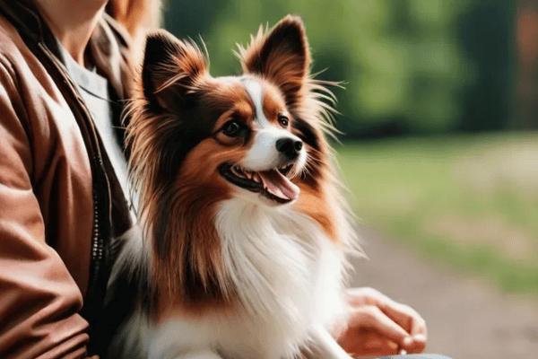 Papillon seats with with his owner