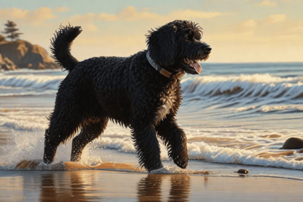 Portuguese water dogs running in sunrise