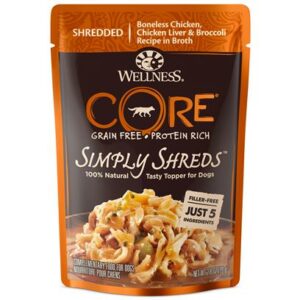 Wellness CORE Simply Shreds Natural Grain Free Wet Dog Food Mixer or Topper Chicken, Beef & Carrots, 2.8-Ounce Pouch(Pack of 12)