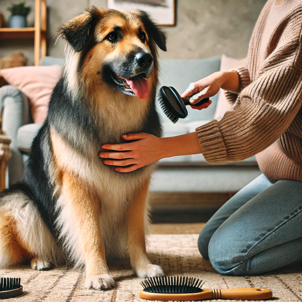 An AI generated image of a German Sheprador having their coat brushed