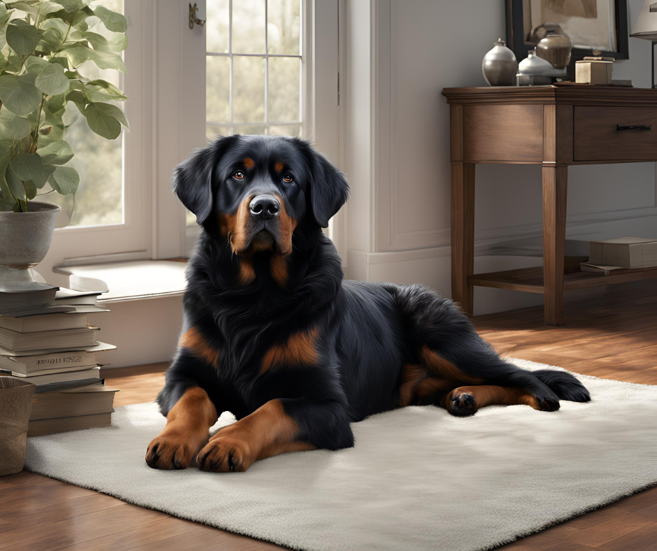 An AI generated image of an adult Labernese laying in a warm room