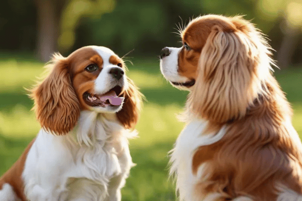 happy Cavalier King Charles Spaniel sitting beside another partner
