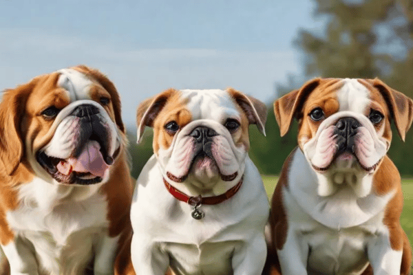 three English bulldog seat together