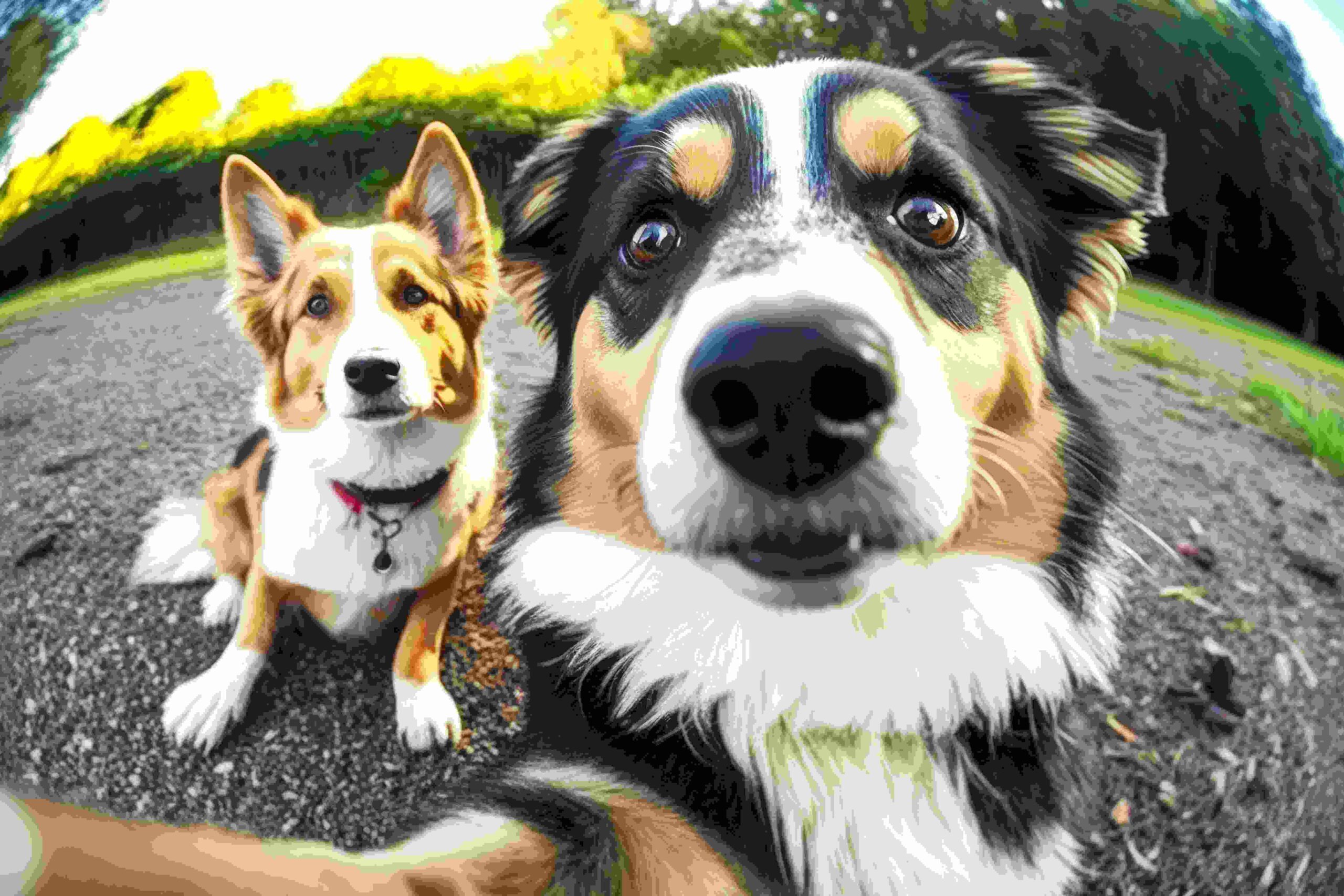 two-funny-dogs-sitting-front-camera-taking-selfie 