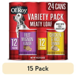 (15 pack) Ol Roy Meaty Loaf Wet Dog Food Variety Pack Filet Mignon Flavor and Chicken & Rice Dinner 13.2 oz 24 Cans
